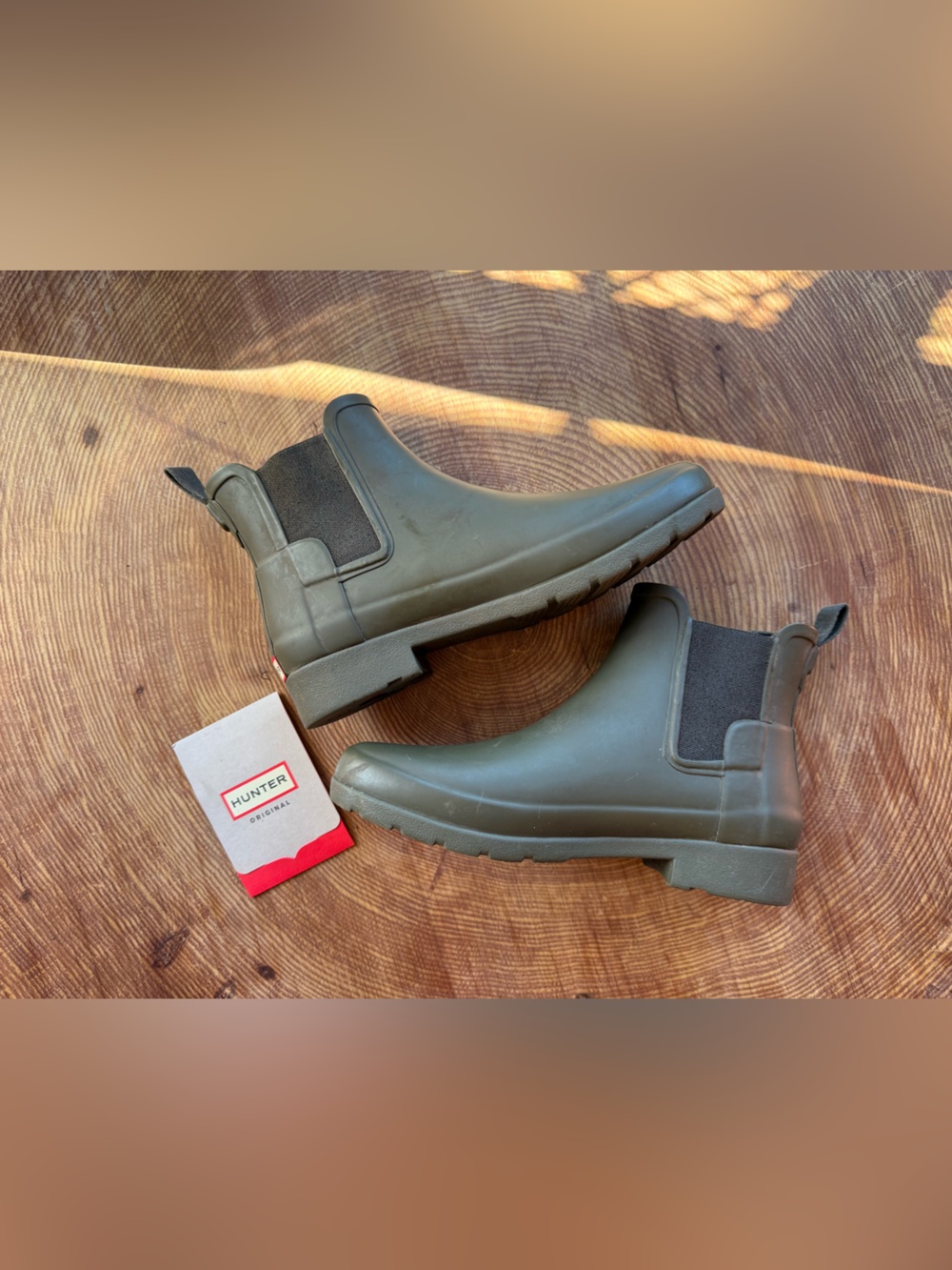Hunter Original Chelsea Boot Dark Olive Green With Elastic Side Panels Sz 7